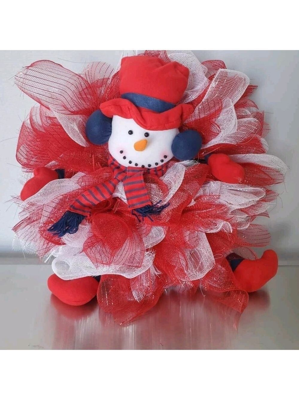 Festive Snowman Wreath with Red and White Mesh